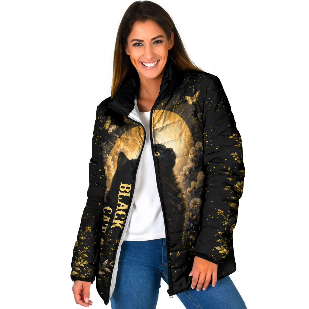 Black Cat Celestial Moon Padded Jacket Mystical Gold Floral Night Sky