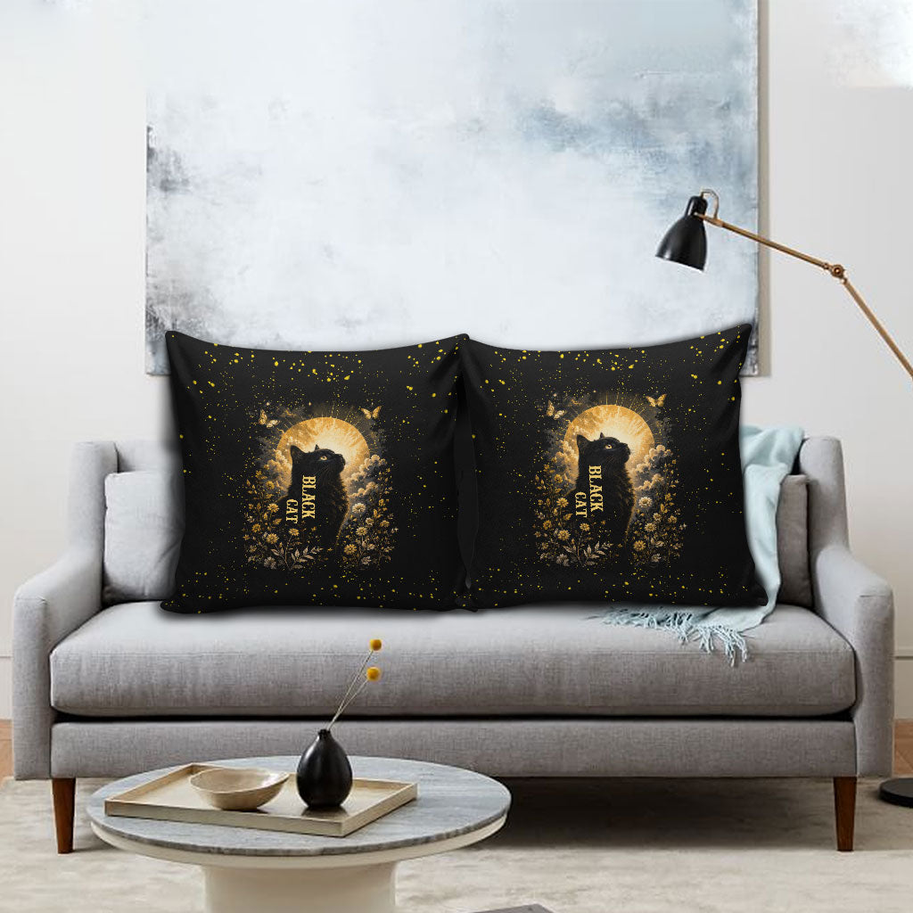 Black Cat Celestial Moon Pillow Cover Mystical Gold Floral Night Sky