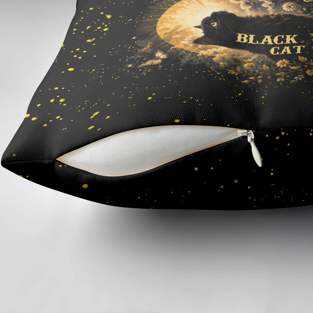 Black Cat Celestial Moon Pillow Cover Mystical Gold Floral Night Sky