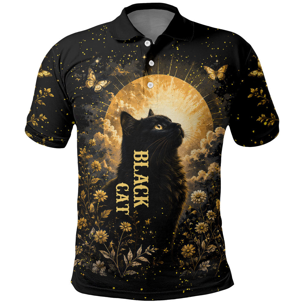Black Cat Celestial Moon Polo Shirt Mystical Gold Floral Night Sky