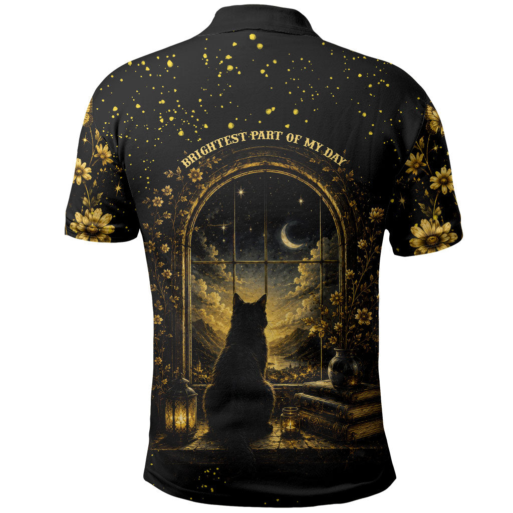 Black Cat Celestial Moon Polo Shirt Mystical Gold Floral Night Sky