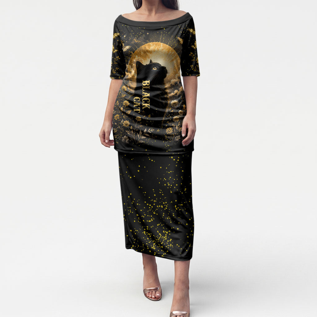 Black Cat Celestial Moon Puletasi Mystical Gold Floral Night Sky