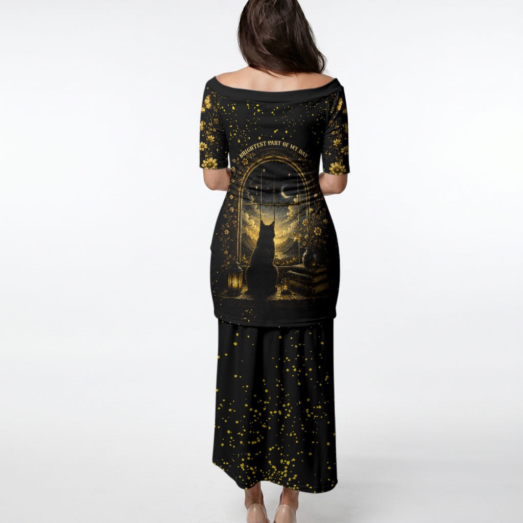 Black Cat Celestial Moon Puletasi Mystical Gold Floral Night Sky