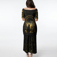 Black Cat Celestial Moon Puletasi Mystical Gold Floral Night Sky