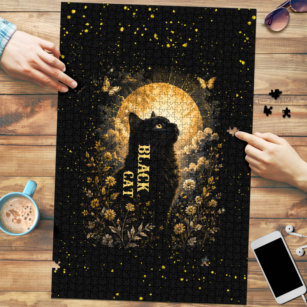Black Cat Celestial Moon Puzzle Mystical Gold Floral Night Sky