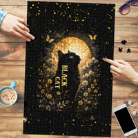 Black Cat Celestial Moon Puzzle Mystical Gold Floral Night Sky