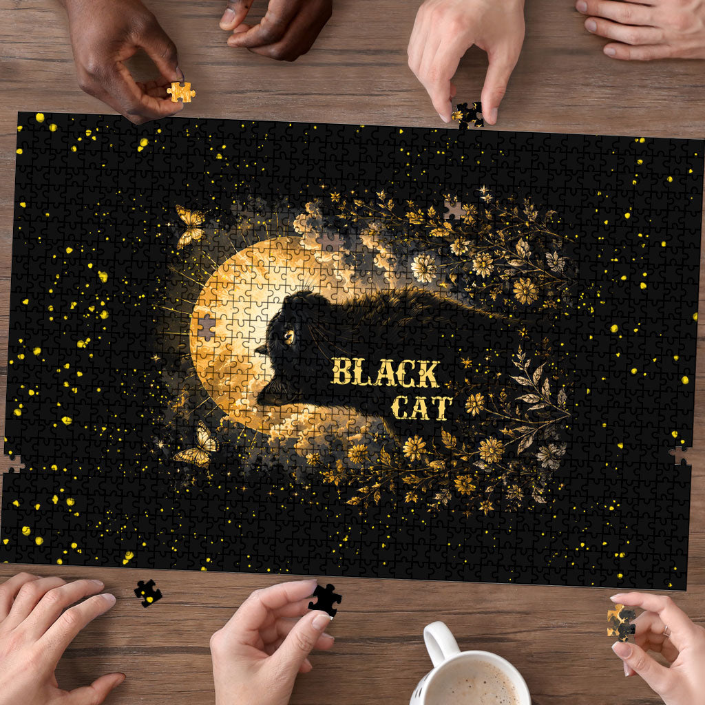 Black Cat Celestial Moon Puzzle Mystical Gold Floral Night Sky
