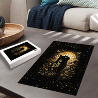 Black Cat Celestial Moon Puzzle Mystical Gold Floral Night Sky