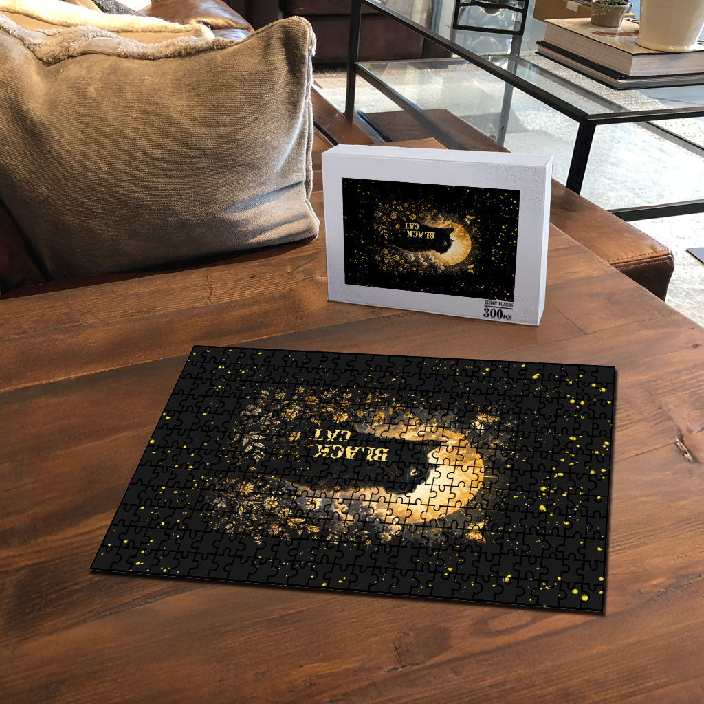 Black Cat Celestial Moon Puzzle Mystical Gold Floral Night Sky