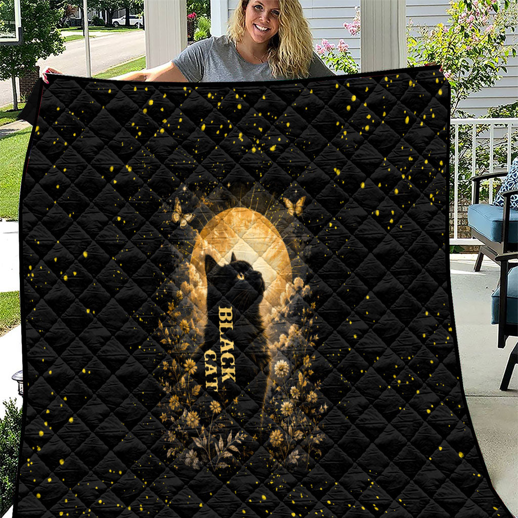 Black Cat Celestial Moon Quilt Mystical Gold Floral Night Sky