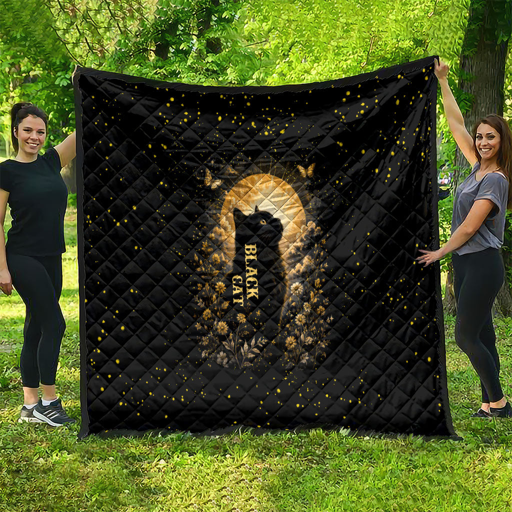 Black Cat Celestial Moon Quilt Mystical Gold Floral Night Sky