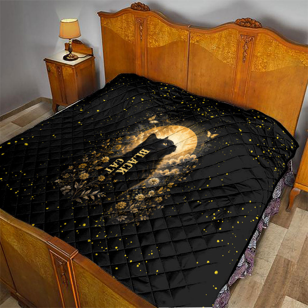 Black Cat Celestial Moon Quilt Mystical Gold Floral Night Sky