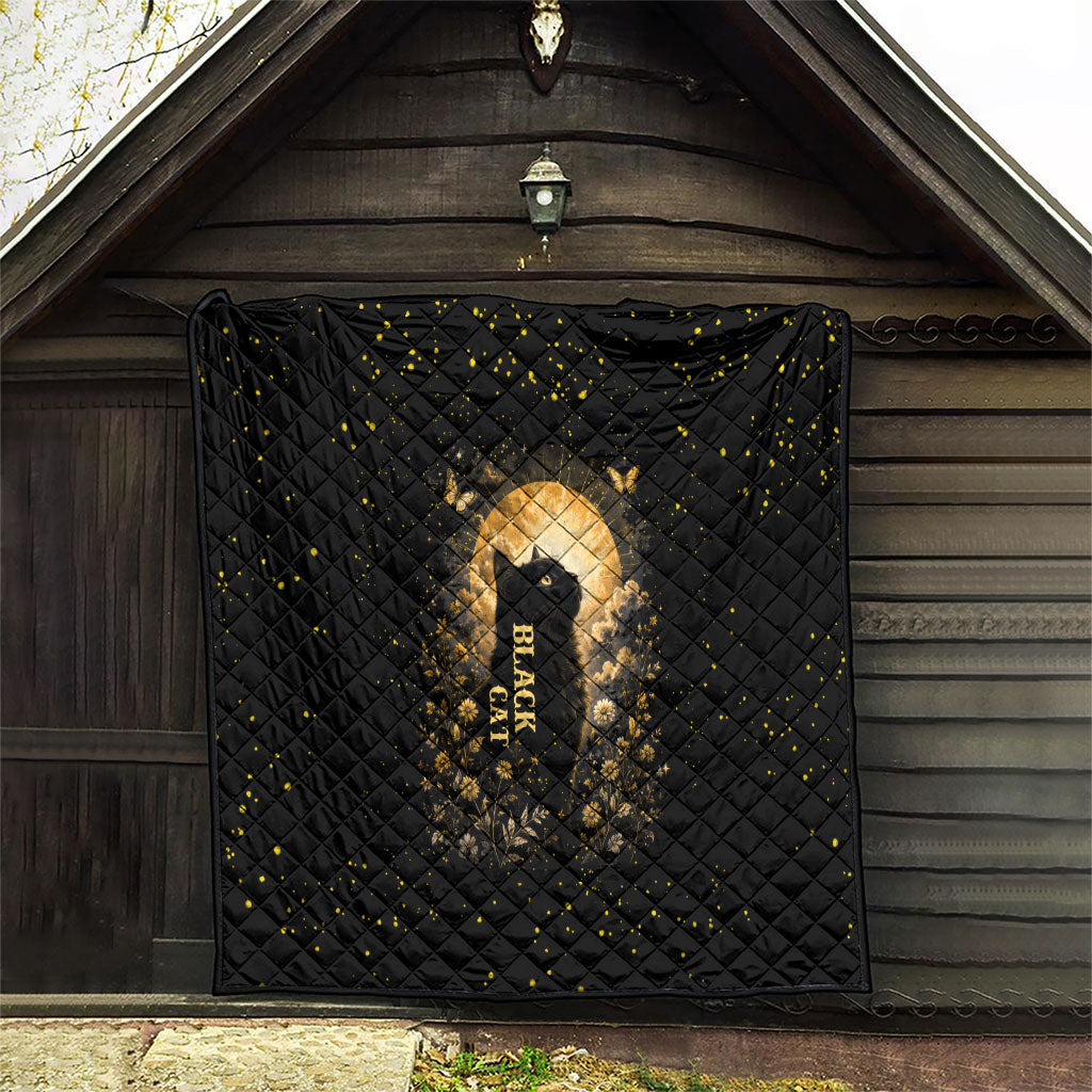 Black Cat Celestial Moon Quilt Mystical Gold Floral Night Sky