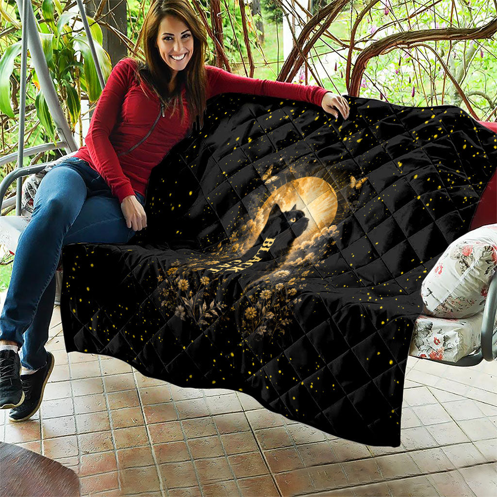 Black Cat Celestial Moon Quilt Mystical Gold Floral Night Sky