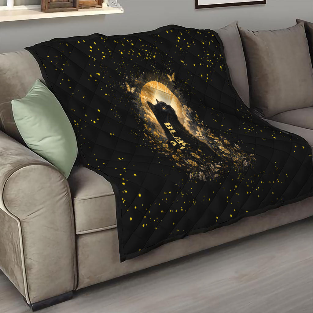 Black Cat Celestial Moon Quilt Mystical Gold Floral Night Sky