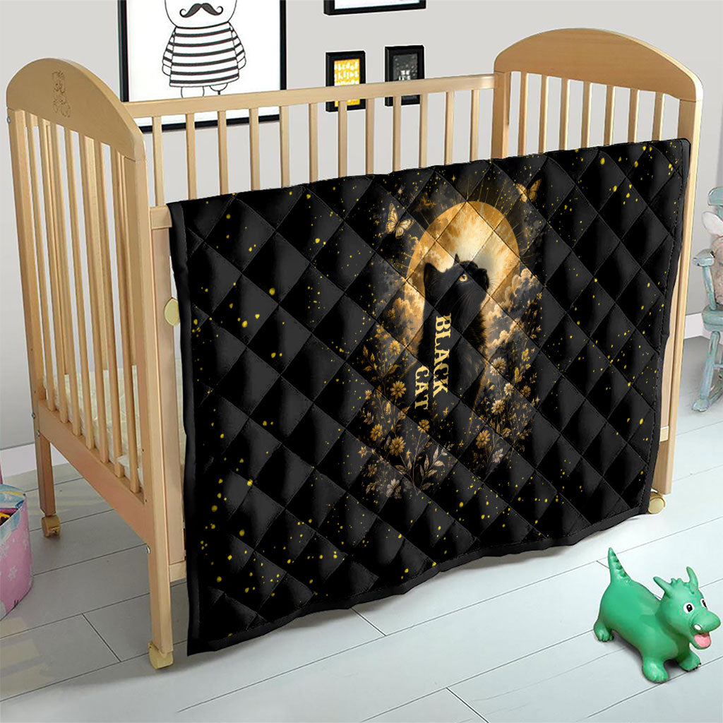 Black Cat Celestial Moon Quilt Mystical Gold Floral Night Sky