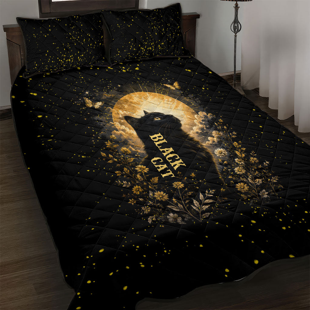Black Cat Celestial Moon Quilt Bed Set Mystical Gold Floral Night Sky