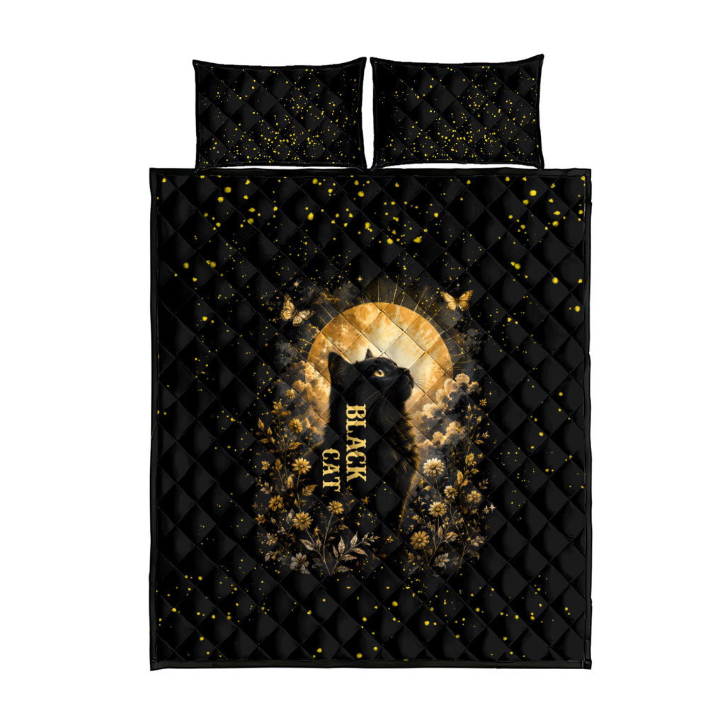 Black Cat Celestial Moon Quilt Bed Set Mystical Gold Floral Night Sky