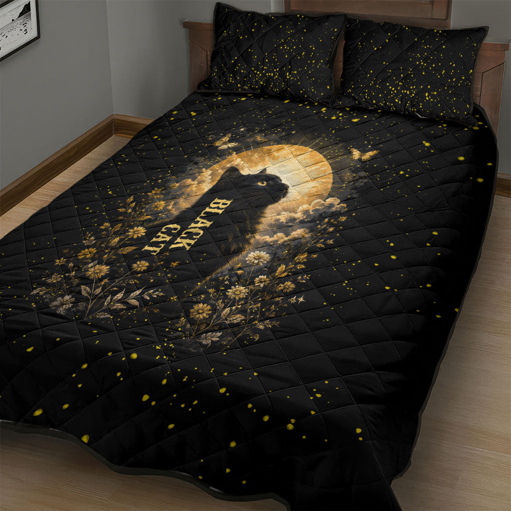Black Cat Celestial Moon Quilt Bed Set Mystical Gold Floral Night Sky