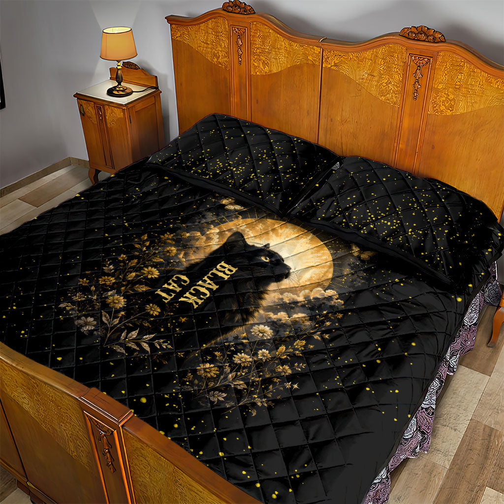 Black Cat Celestial Moon Quilt Bed Set Mystical Gold Floral Night Sky