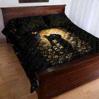 Black Cat Celestial Moon Quilt Bed Set Mystical Gold Floral Night Sky