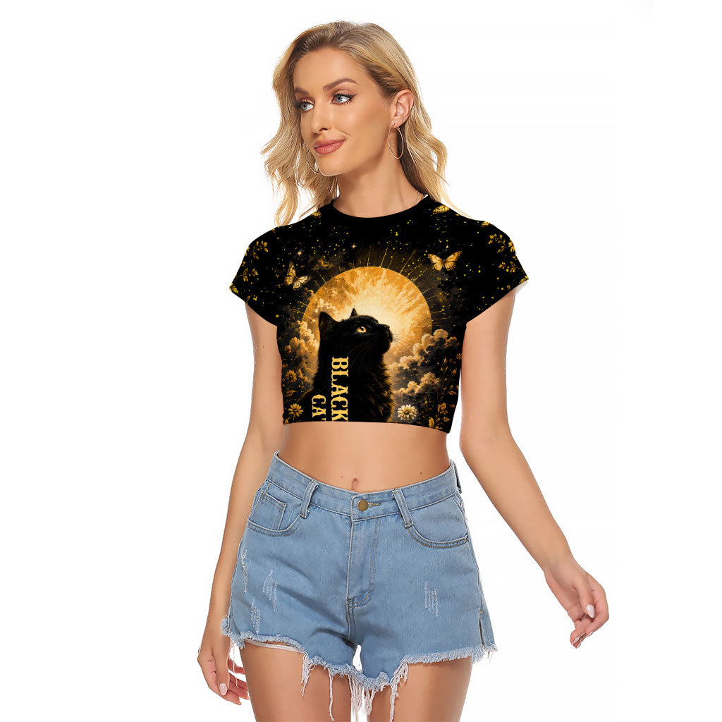 Black Cat Celestial Moon Raglan Cropped T Shirt Mystical Gold Floral Night Sky