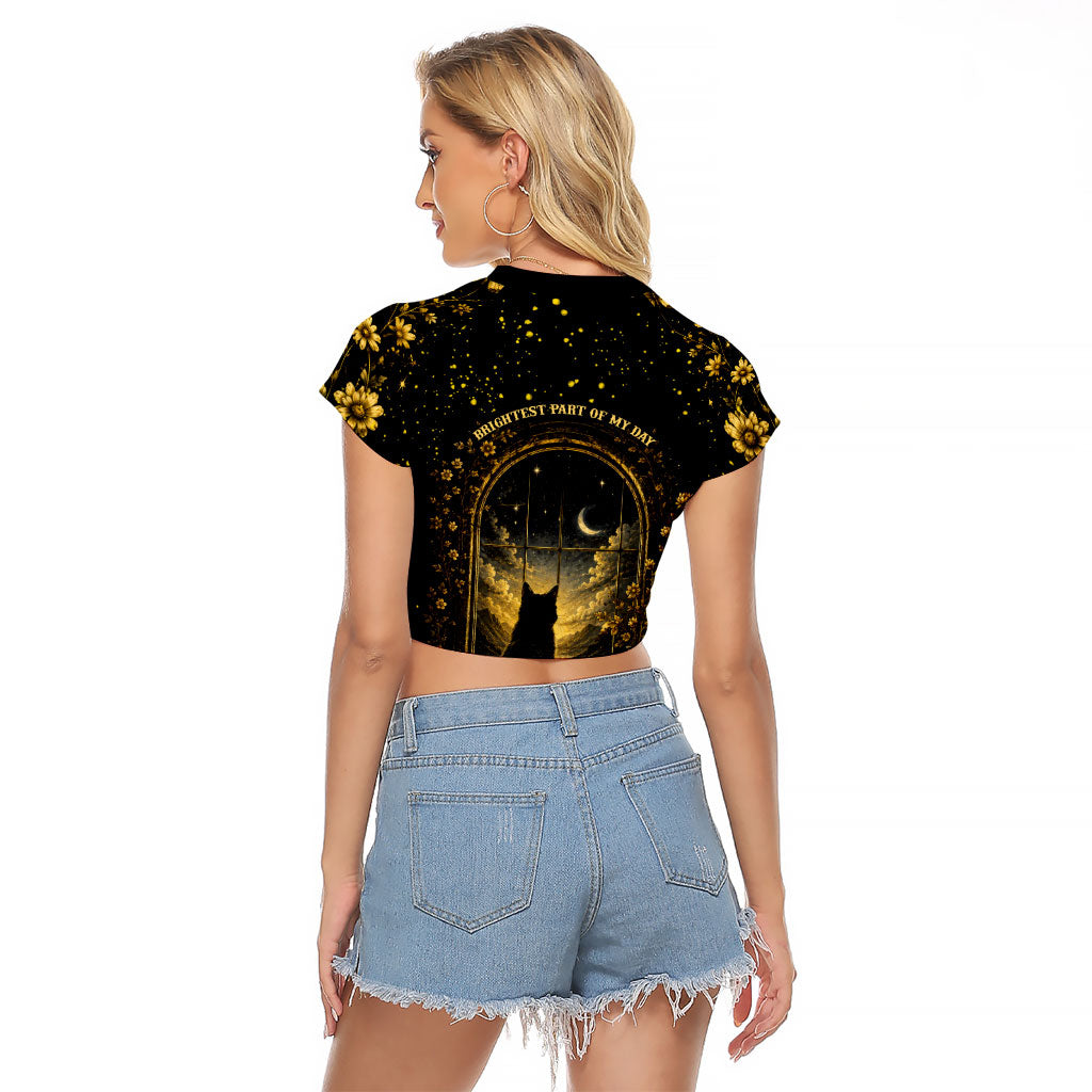 Black Cat Celestial Moon Raglan Cropped T Shirt Mystical Gold Floral Night Sky