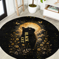 Black Cat Celestial Moon Round Carpet Mystical Gold Floral Night Sky