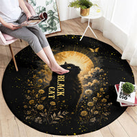 Black Cat Celestial Moon Round Carpet Mystical Gold Floral Night Sky