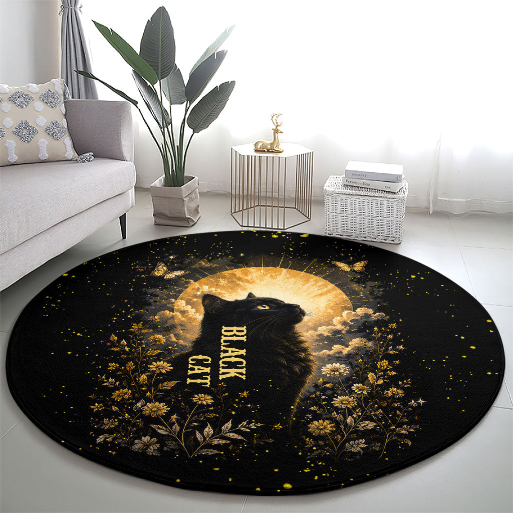 Black Cat Celestial Moon Round Carpet Mystical Gold Floral Night Sky