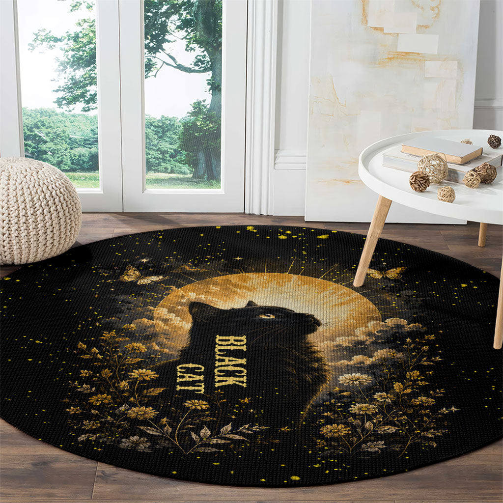 Black Cat Celestial Moon Round Carpet Mystical Gold Floral Night Sky