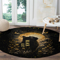 Black Cat Celestial Moon Round Carpet Mystical Gold Floral Night Sky