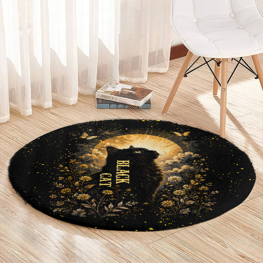 Black Cat Celestial Moon Round Carpet Mystical Gold Floral Night Sky