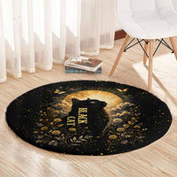 Black Cat Celestial Moon Round Carpet Mystical Gold Floral Night Sky