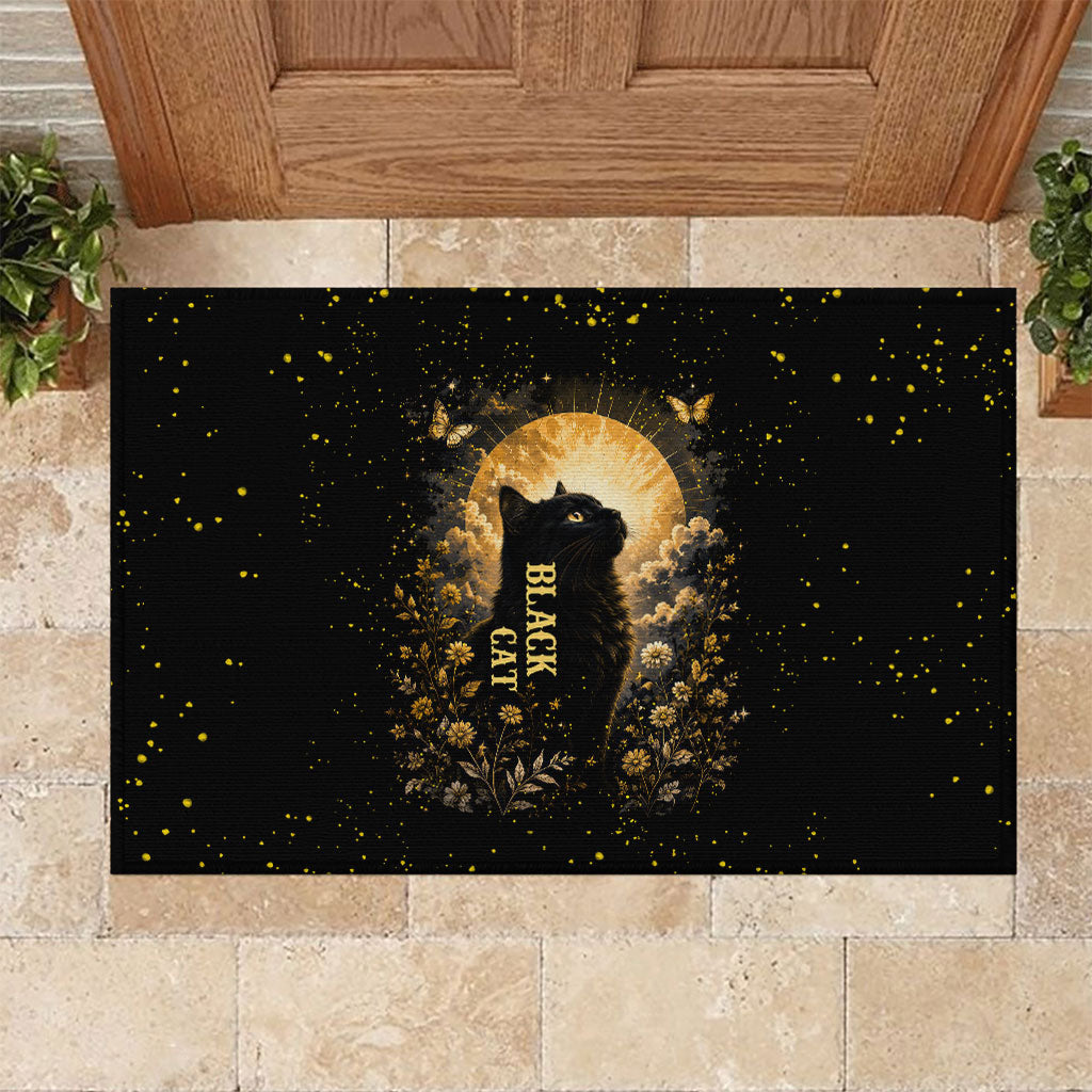 Black Cat Celestial Moon Rubber Doormat Mystical Gold Floral Night Sky