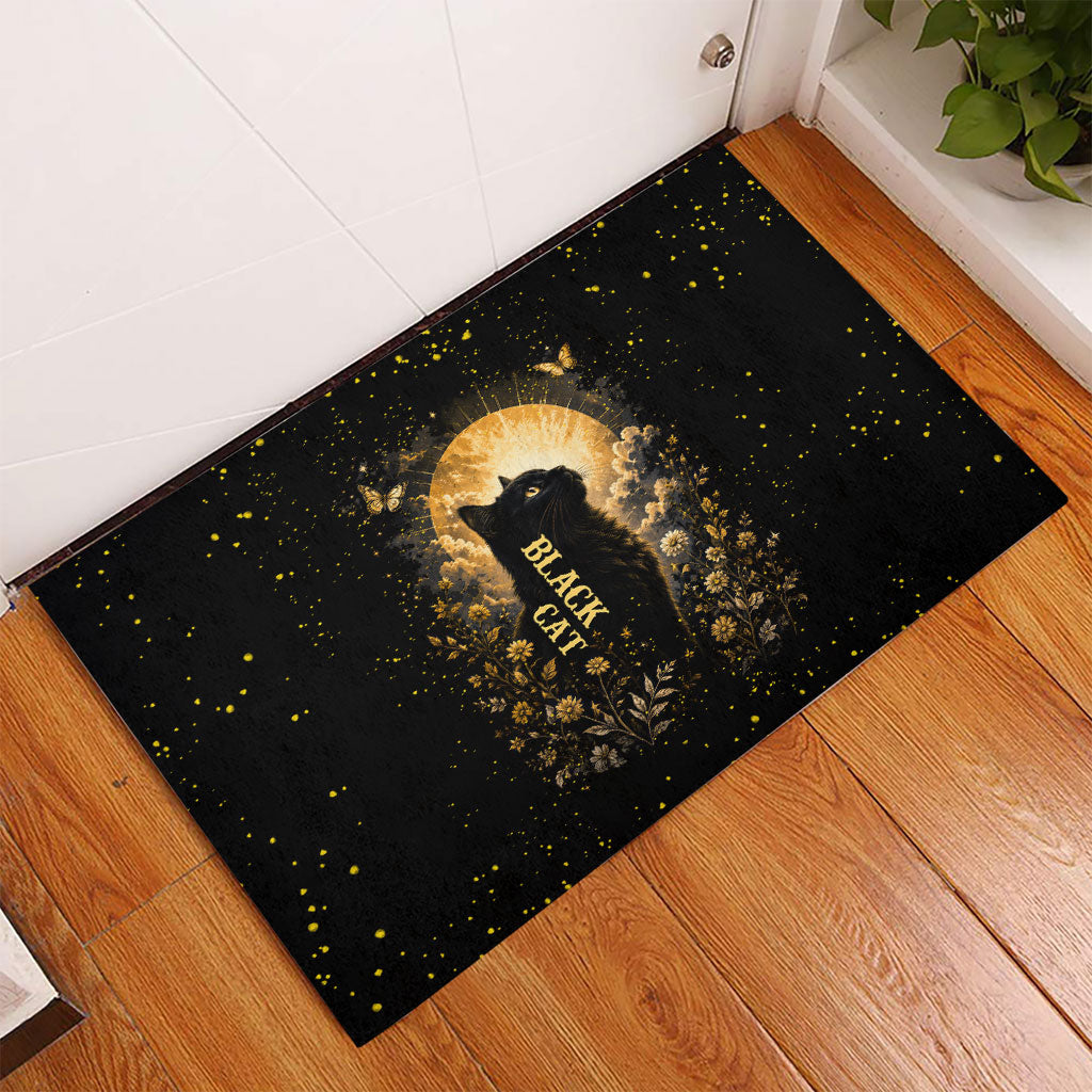 Black Cat Celestial Moon Rubber Doormat Mystical Gold Floral Night Sky