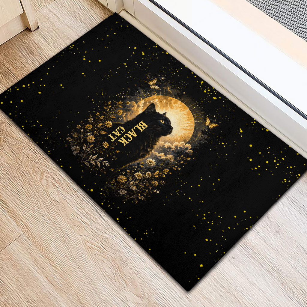 Black Cat Celestial Moon Rubber Doormat Mystical Gold Floral Night Sky