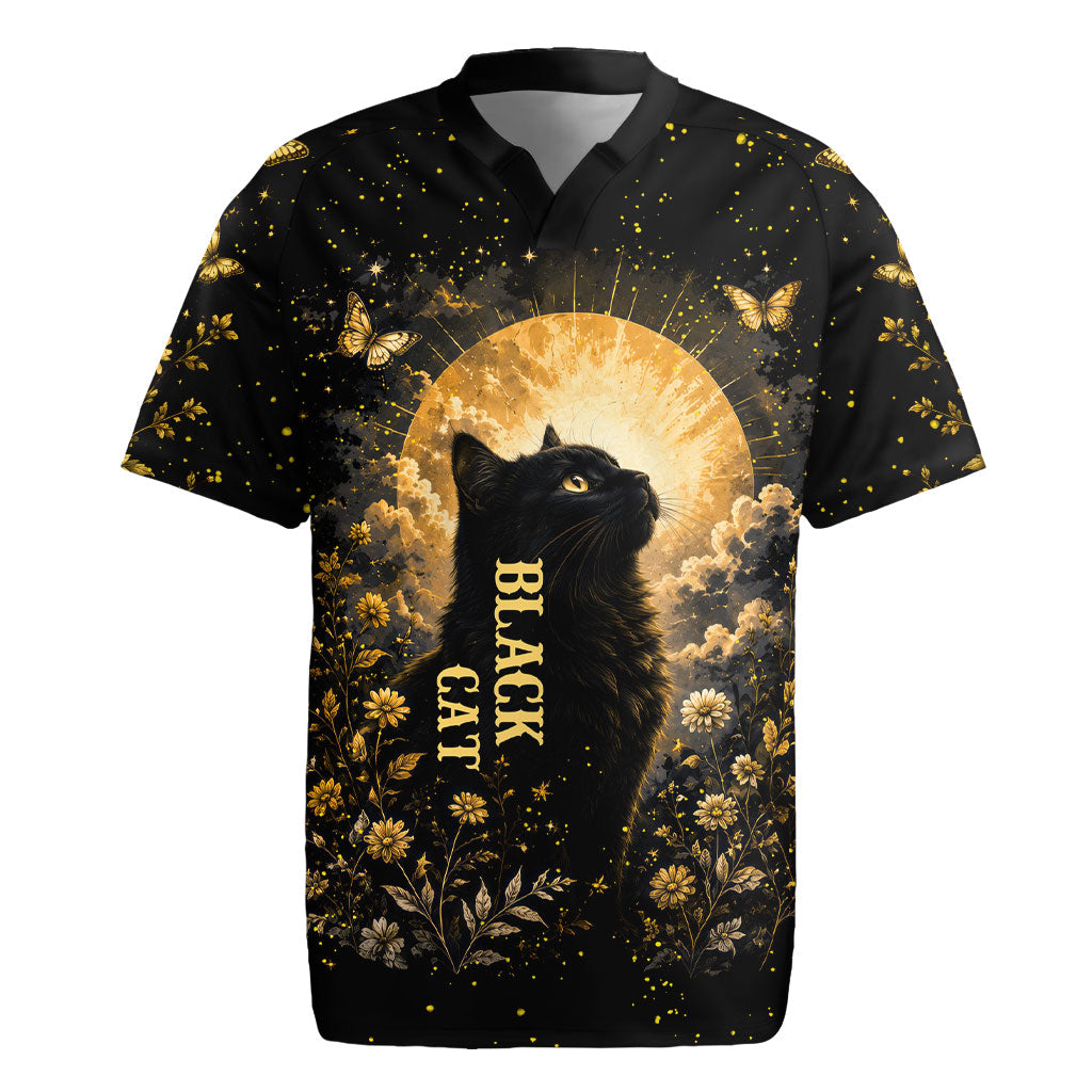 Black Cat Celestial Moon Rugby Jersey Mystical Gold Floral Night Sky