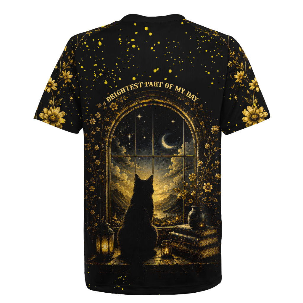 Black Cat Celestial Moon Rugby Jersey Mystical Gold Floral Night Sky
