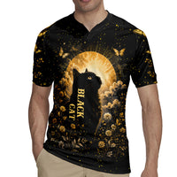 Black Cat Celestial Moon Rugby Jersey Mystical Gold Floral Night Sky