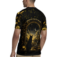 Black Cat Celestial Moon Rugby Jersey Mystical Gold Floral Night Sky