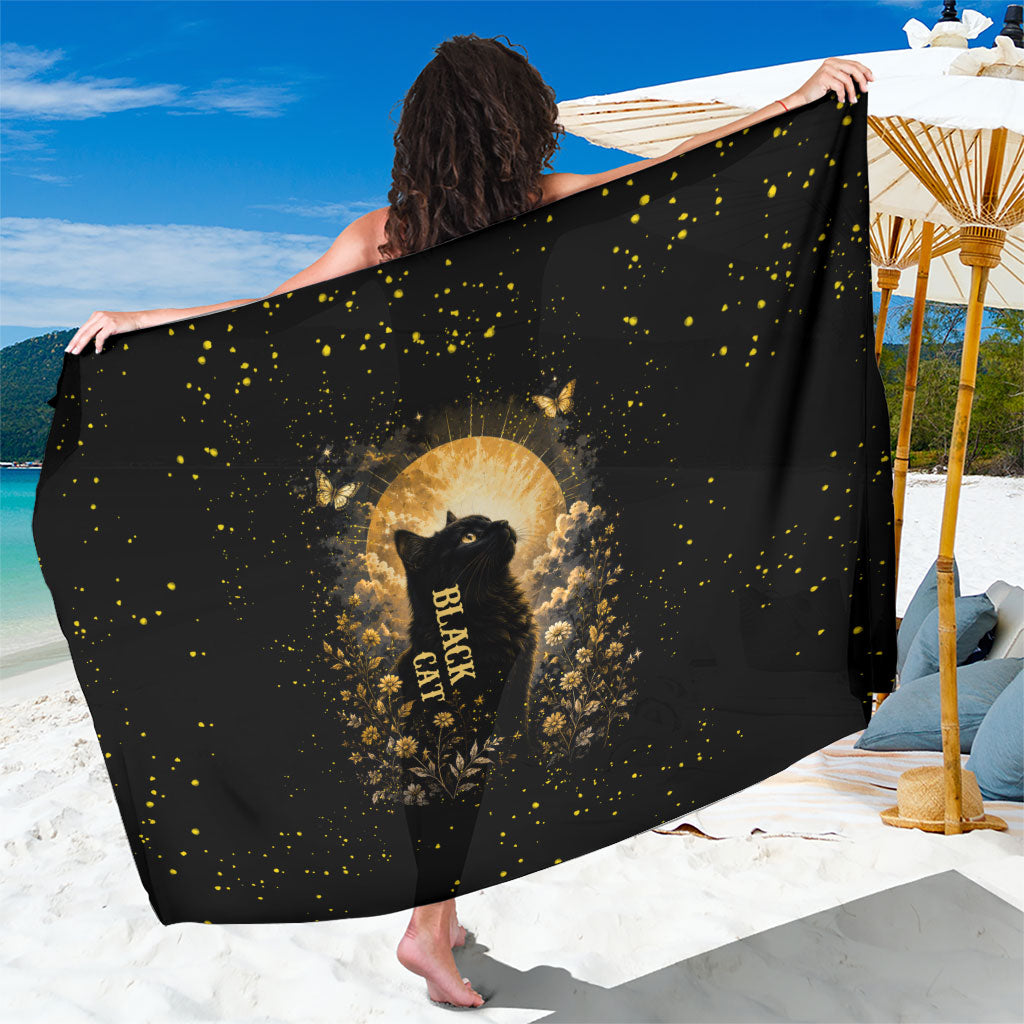 Black Cat Celestial Moon Sarong Mystical Gold Floral Night Sky