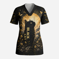 Black Cat Celestial Moon Scrub Top Mystical Gold Floral Night Sky