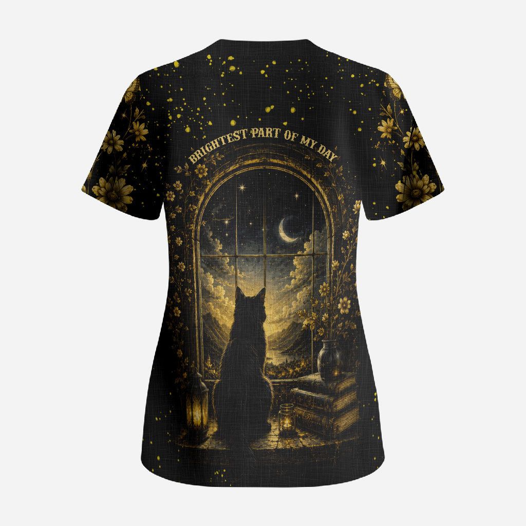 Black Cat Celestial Moon Scrub Top Mystical Gold Floral Night Sky