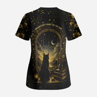 Black Cat Celestial Moon Scrub Top Mystical Gold Floral Night Sky