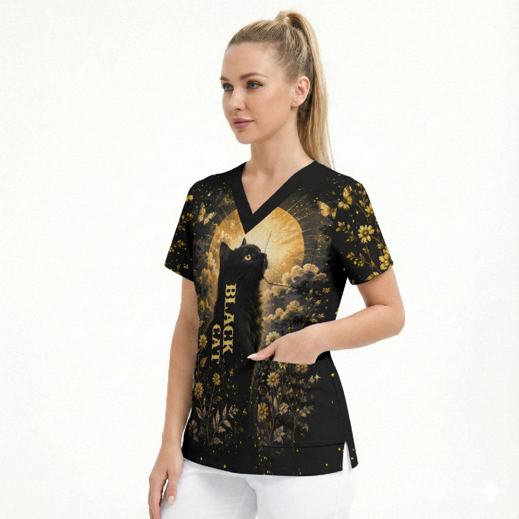 Black Cat Celestial Moon Scrub Top Mystical Gold Floral Night Sky
