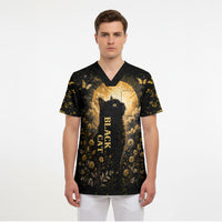 Black Cat Celestial Moon Scrub Top Mystical Gold Floral Night Sky