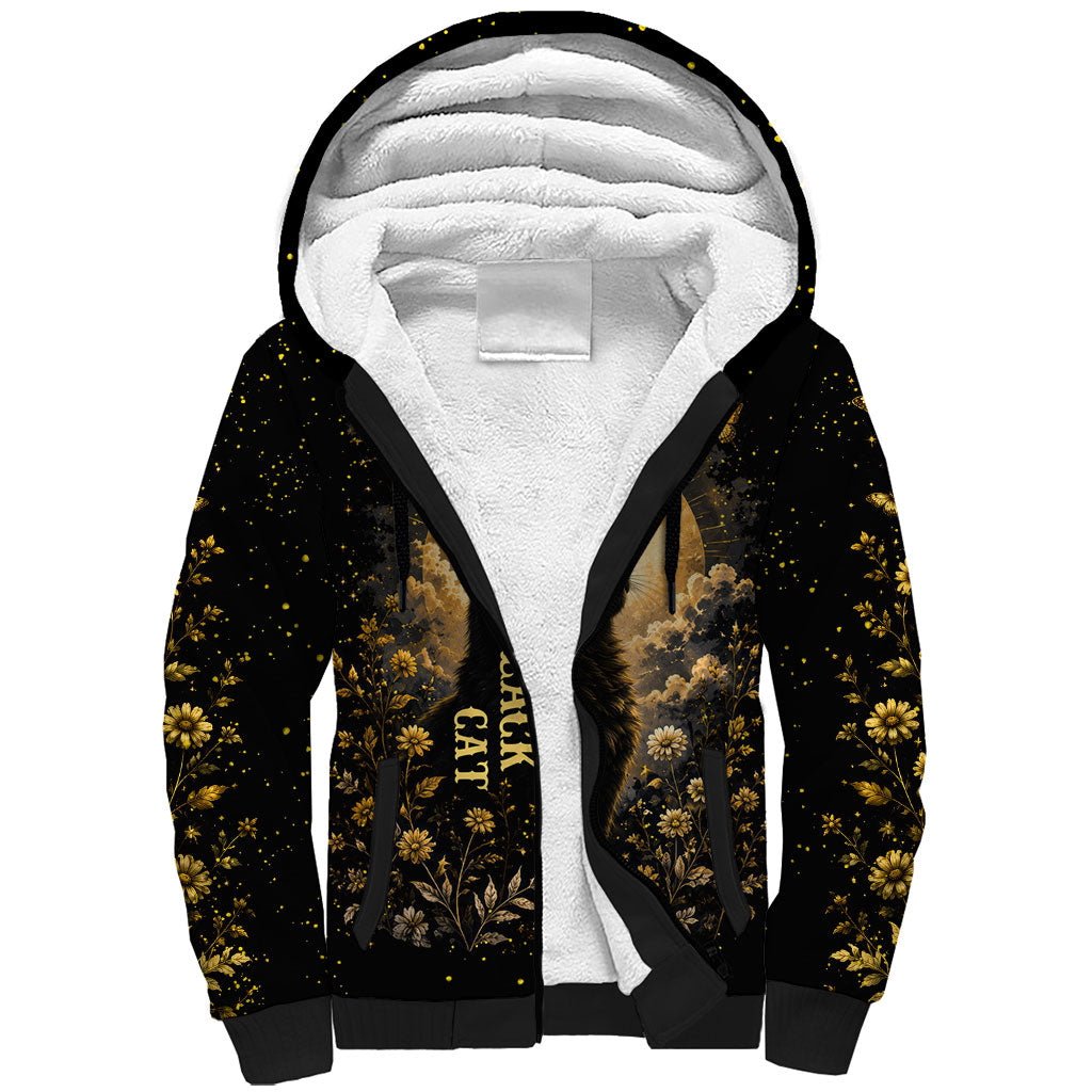 Black Cat Celestial Moon Sherpa Hoodie Mystical Gold Floral Night Sky