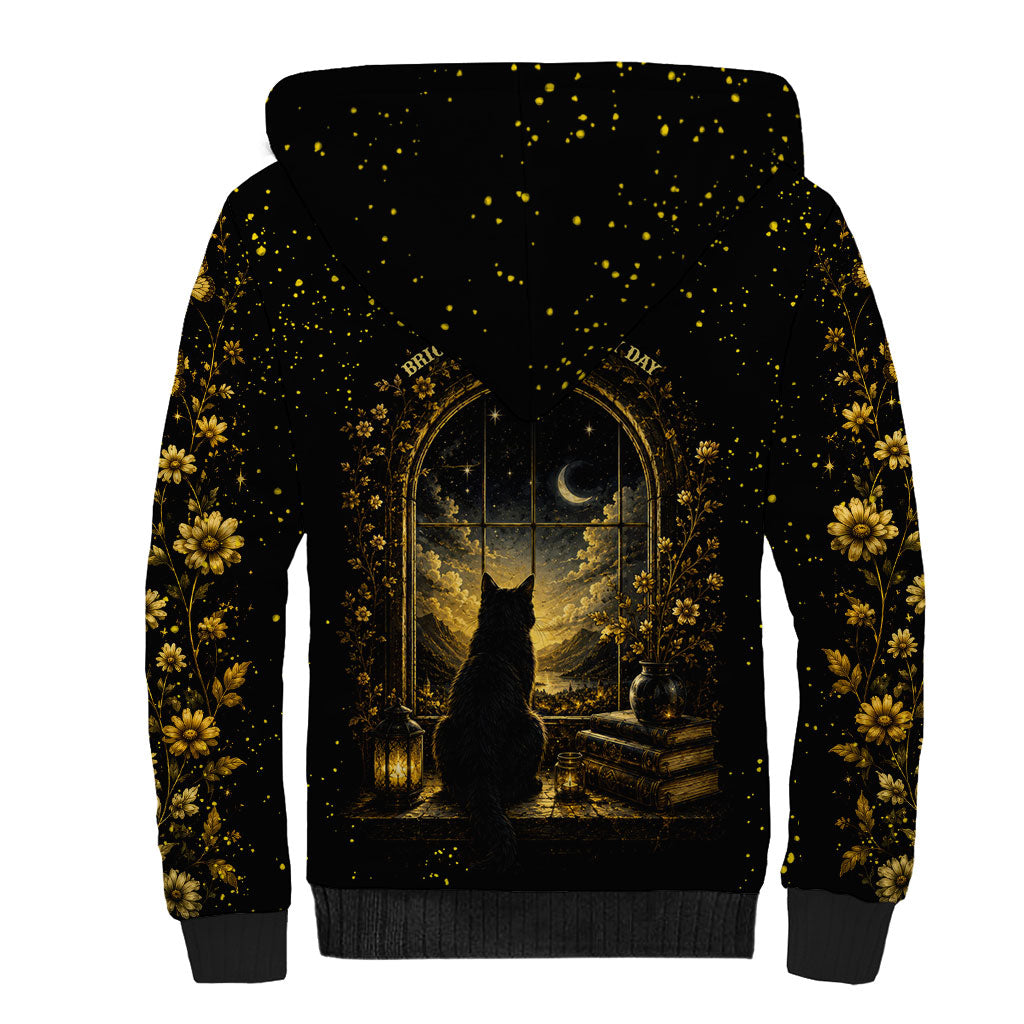 Black Cat Celestial Moon Sherpa Hoodie Mystical Gold Floral Night Sky