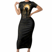 Black Cat Celestial Moon Short Sleeve Bodycon Dress Mystical Gold Floral Night Sky